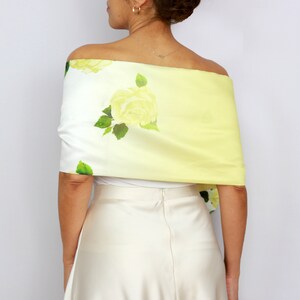 Yellow white floral taffeta cover up, Mother of the bride evening dress hands free shawl stole, Wedding shawl, Bridal shoulder wrap image 7