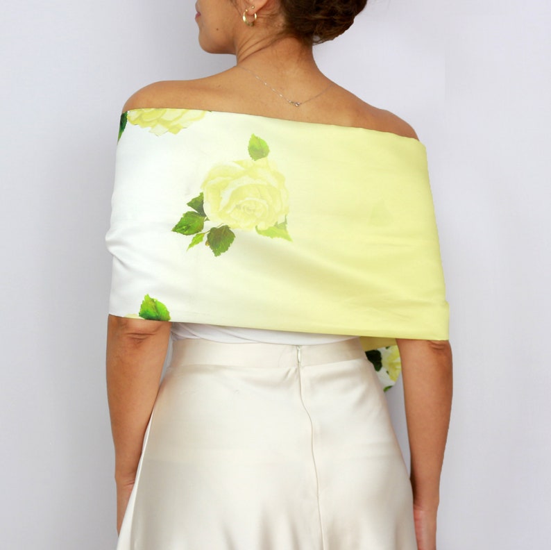 Yellow white floral taffeta cover up, Mother of the bride evening dress hands free shawl stole, Wedding shawl, Bridal shoulder wrap image 7