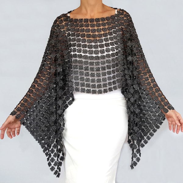 Tunique mère de la mariée en dentelle gris anthracite, boléro métallisé brodé 3D, robe de mariée automne, cape châle poncho