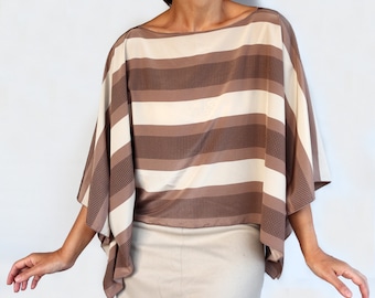 Evening blouse for women, Boat neck formal tunic top, Brown cream striped blouse top, Silk tunic blouse, Formal blouses shirt, Elegant top