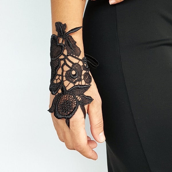 Black lace wrist cuff, Lace fingerless gloves, Lace slave bracelet hand charm, Lace wrist cuffs, Evening lace bracelet