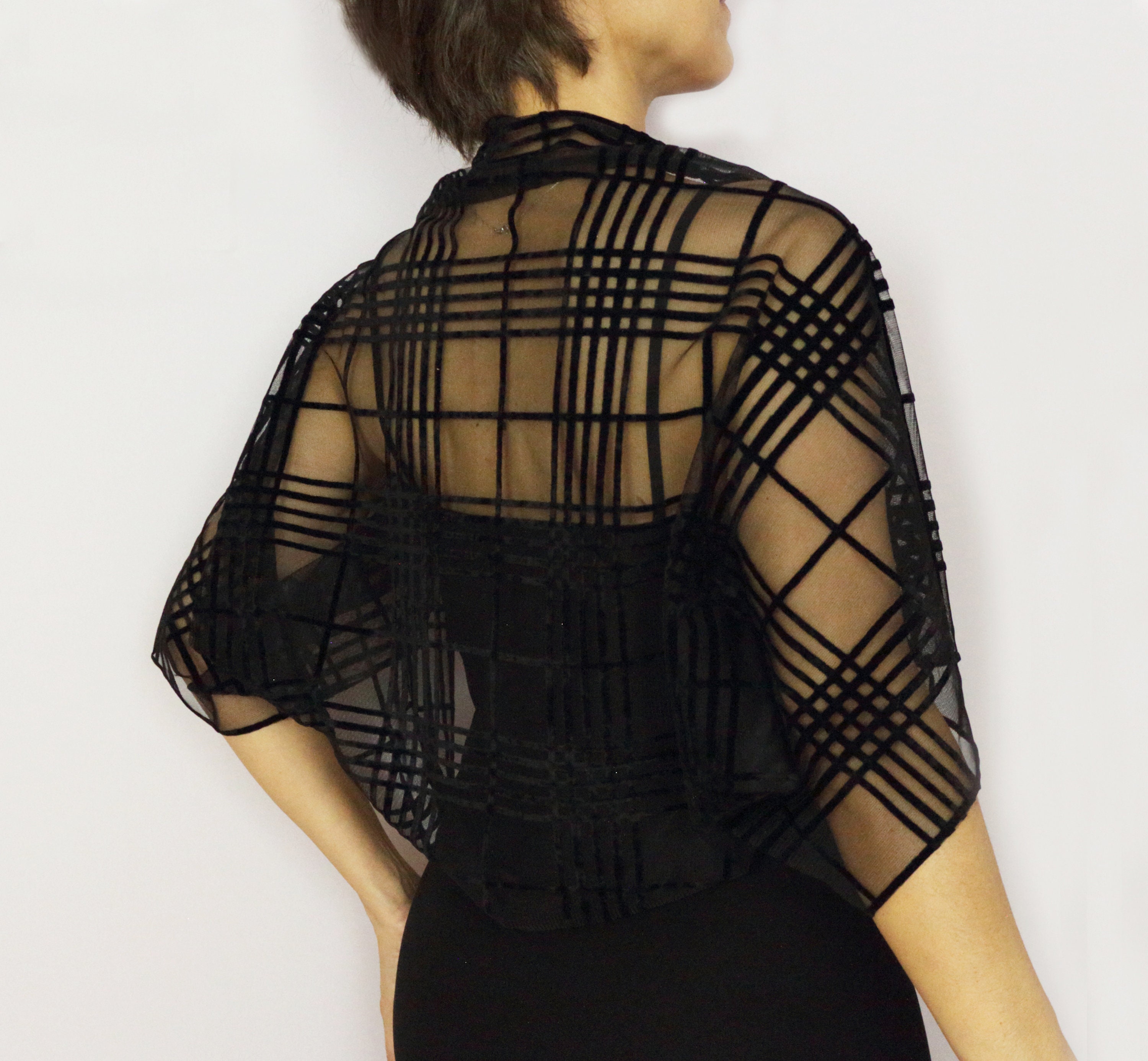 Black Plaid Mesh Bolero Evening Dress Topper Formal Shoulder Etsy UK