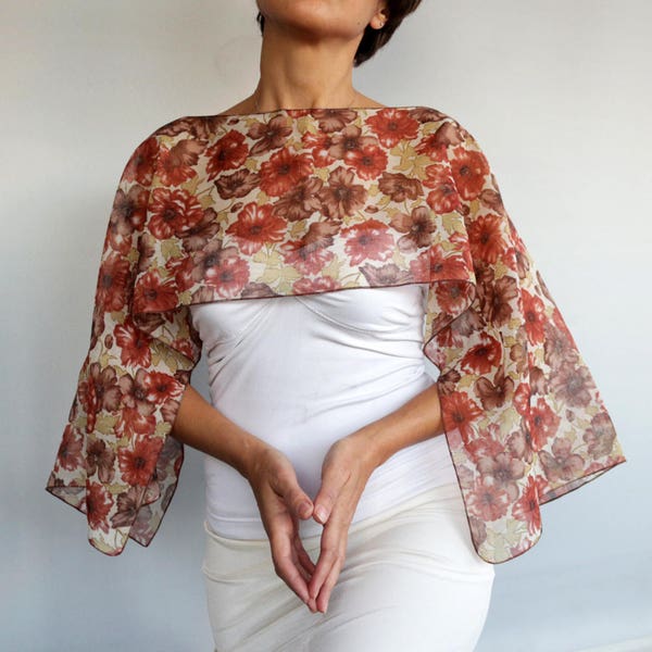 Floral evening tunic top, Dress cover up, Mother of the bride shawl shrug, Brown terra cotta mesh poncho, Fashion unique gift for her