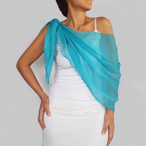 Turquoise blue chiffon shawl, Wedding dress cover up, Mother of the bride shawl, Bridal shoulder wrap stole Evening stole scarf Dress topper zdjęcie 3