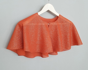 Formal evening top, Burnt orange capelet, Wedding dress topper cape, Mother of the bride shawl poncho, Sparkling Greek chiffon cape wrap