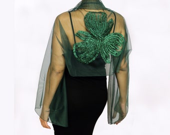 Emerald green sheer wedding bolero jacket, Mesh evening dress cover up topper, Bridal long sleeve sheer shrug, Dressy shawl