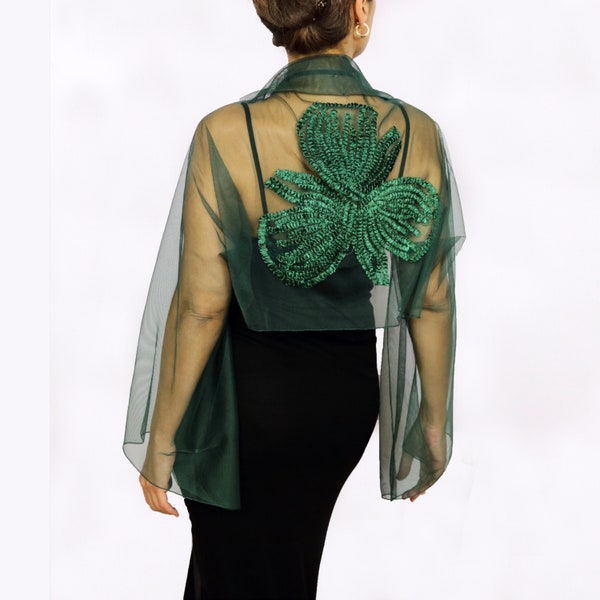 Boléro de mariage transparent vert émeraude, haut de forme pour robe de soirée en maille, haussement d'épaules transparent à manches longues pour la mariée, châle habillé