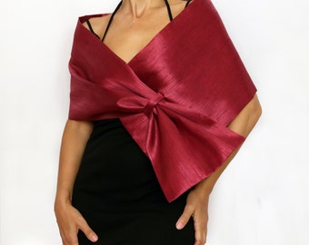 Wine taffeta evening wrap, Dressy shoulder cover up shawl, Mother of the bride hands free shawl, Formal pull through dress topper