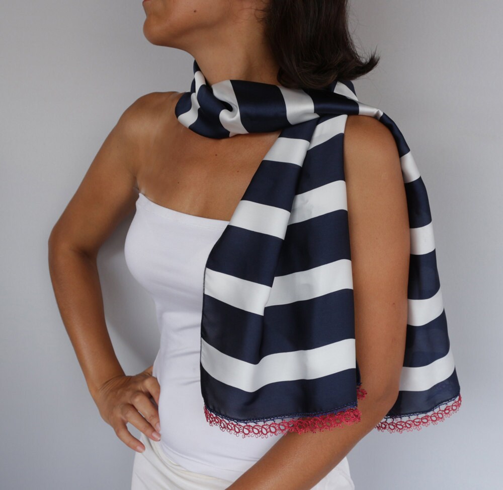 Designer Scarf Navy Blue White Striped Nautical Coverup Etsy