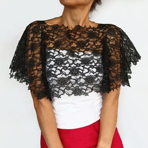 Black lace capelet shawl, Sheer wedding guest cover up, Dressy evening shrug, Lace bolero topper, Cocktail party poncho wrap