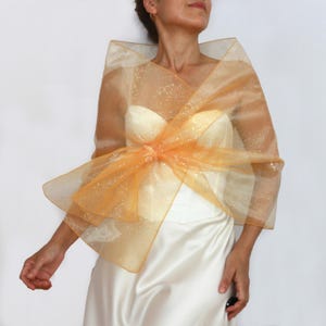 Peach orange organza evening shawl with oversized bow, Sparkly sheer wrap, Mother of the bride stole, Formal wedding shawl, Dress cover up