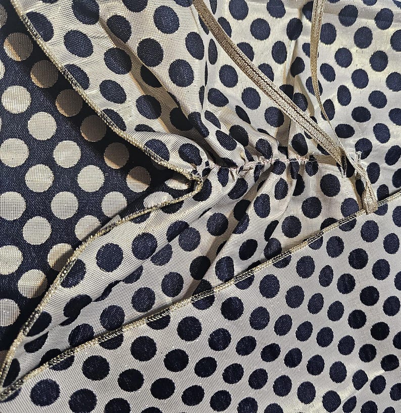 Close-up showing both sides of the reversible navy and gold polka dot taffeta fabric
