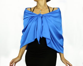 Royal blue fine satin evening shawl scarf, Formal dress topper, Off the shoulder wrap stole, Mother of the bride dress cover up capelet