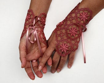 Mitaines en dentelle, poignets en dentelle guipure, gants de soirée, cadeau de demoiselle d'honneur, détail de manche, terre cuite rose rouillé, bracelet de mariée en dentelle