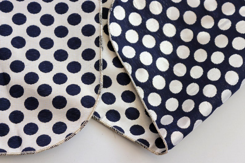 Close-up of reversible taffeta fabric showing navy with gold dots and gold with navy dots