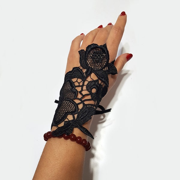 Black lace evening gloves, Fingerless wrist cuffs, Lace hand charms, Lace wrist bracelet, Lace bridal jewelry, Wedding fashion gift for her