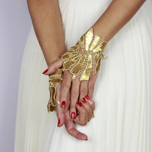 Gold sequin lace wrist cuffs, Grecian bride slave bracelet, Evening fingerless gloves, Art deco hand dance costume, Wedding wrist corsage image 3