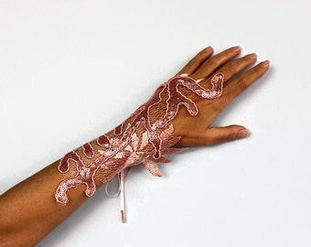 Peach Lace Wrist Cuff: Blush Sequin Bridal Fingerless Glove with Ribbon Tie