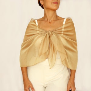 Sheer iridescent gold beige evening wrap shawl, Mother of the bride wedding cape, Formal lightweight cover-up