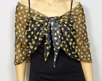 Gold polka dot black chiffon knot shawl, Evening dress topper, Mother of the bride stole, Off the shoulder cover up, Fashion gift scarf