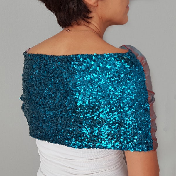 Royal blue sequin evening shoulder wrap stole, Iridescent organza shawl, Mother of the bride dress cover up topper, Dressy bolero shrug