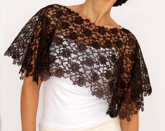 Bitter chocolate brown lace evening dress topper, Mother of the bride shoulder cover up, Wedding cape shawl, Formal bridal shrug crop top