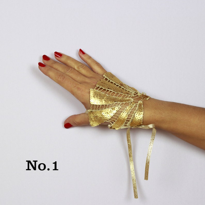 Gold sequin lace wrist cuffs, Grecian bride slave bracelet, Evening fingerless gloves, Art deco hand dance costume, Wedding wrist corsage image 5