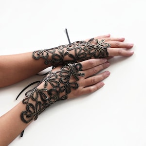 Black lace fingerless gloves, Metallic gold lace wrist cuffs, Bridal lace slave bracelet, Evening lace gloves, Formal wrist cuff bracelets