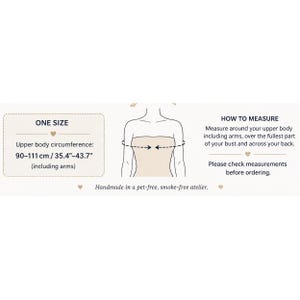 Size guide for reversible navy gold polka dot taffeta shawl, 29 x 142 cm, showing upper body circumference measurement
