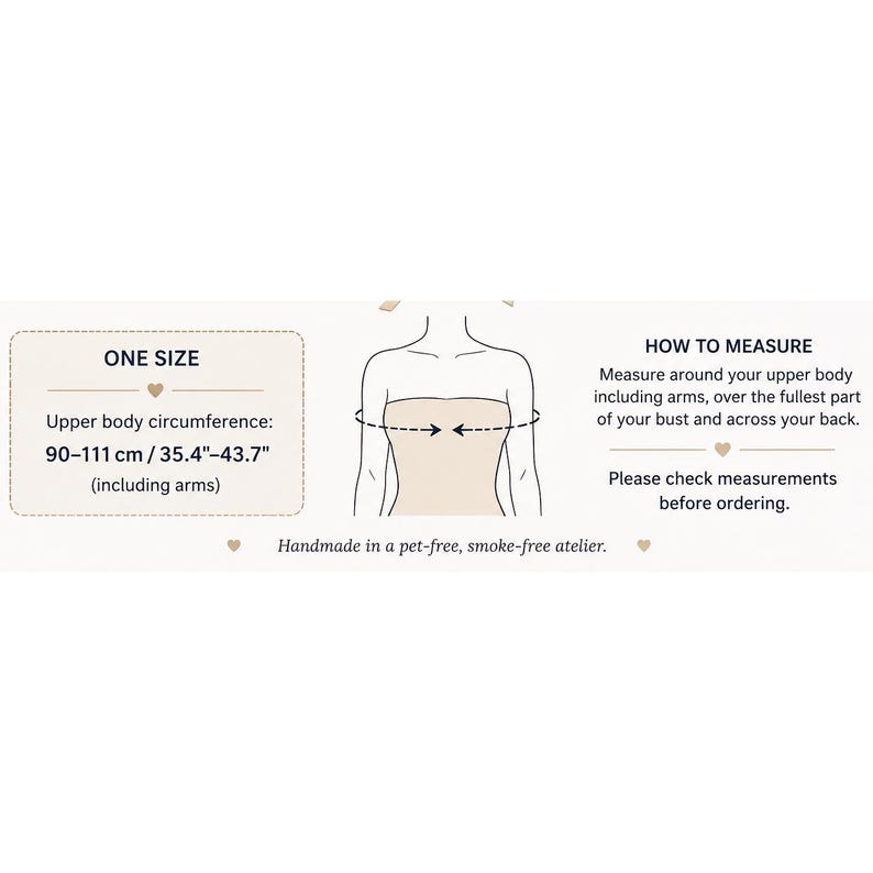 Size guide for reversible navy gold polka dot taffeta shawl, 29 x 142 cm, showing upper body circumference measurement