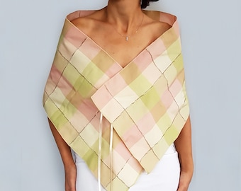 Pastel pink green plaid taffeta evening shawl wrap, Mother of the bride dress cover up topper, Hands free elegant stole, Wedding shawl