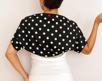 Polka Dot Bolero Shrug, Black Jersey, Cropped Short Sleeve, Pin-Up Style