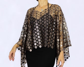 Rose gold - black sequined medaille lace evening shawl tunic, Mother of the bride shawl, Elegant dress cover up, Wedding topper, Formal wrap