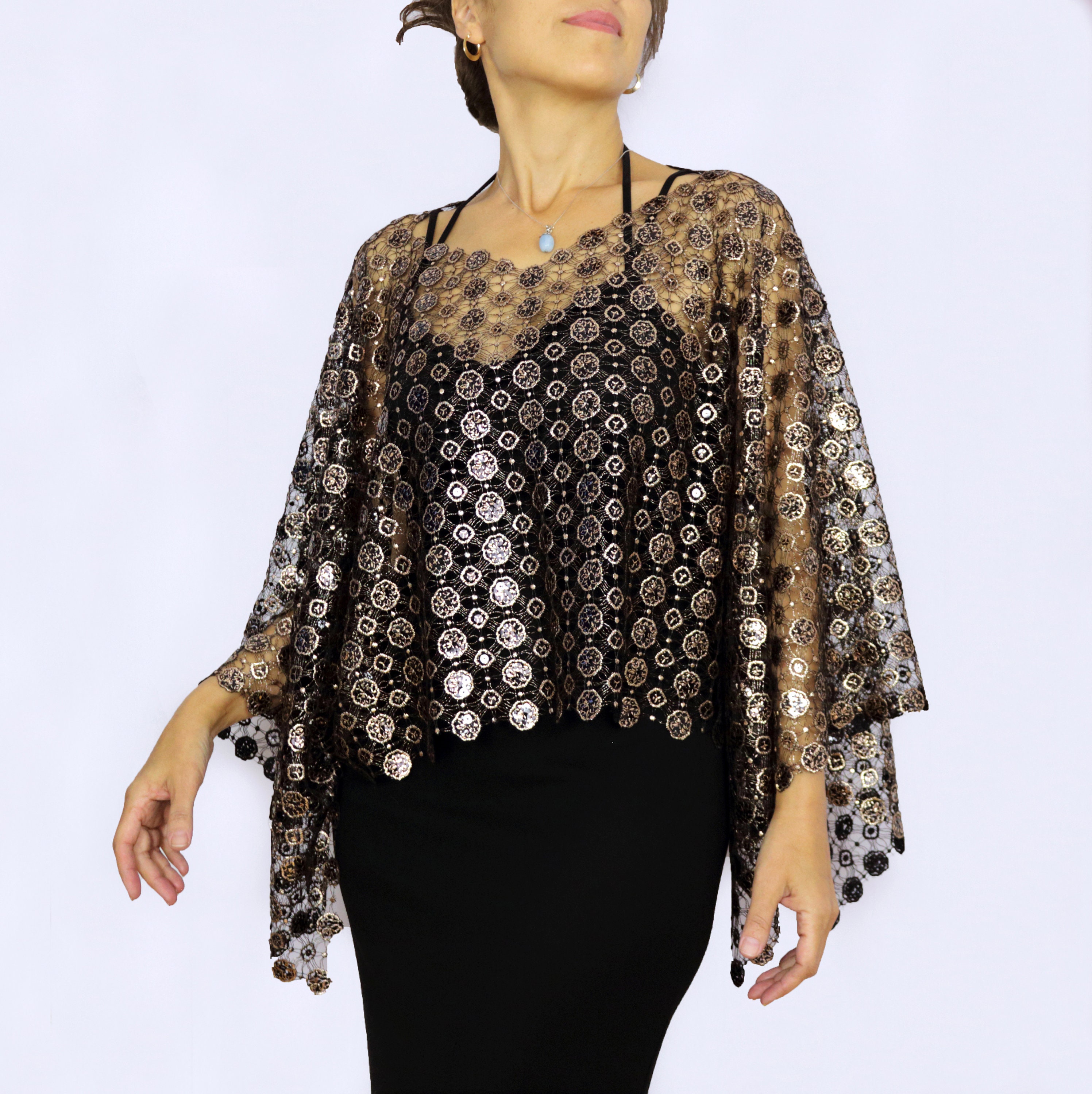 ホットセール Lace Sequin Black Gold Rose Tunic Cover-up Evening Shawl, Clothing