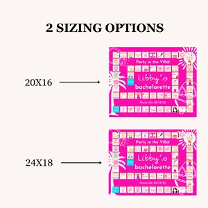 May include: Two pink bachelorette party game boards with the text "Party in the Villa!" and "Libby's bachelorette" are displayed. The boards are labeled with the sizes 20x16 inches and 24x18 inches. The date "09/13/25" is also visible.