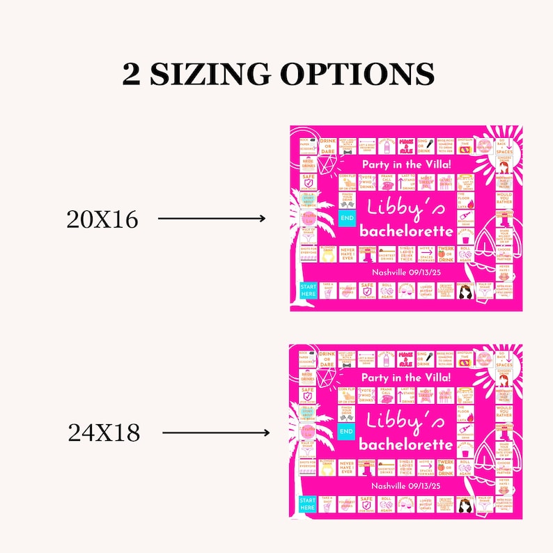 May include: Two pink bachelorette party game boards with the text "Party in the Villa!" and "Libby's bachelorette" are displayed. The boards are labeled with the sizes 20x16 inches and 24x18 inches. The date "09/13/25" is also visible.