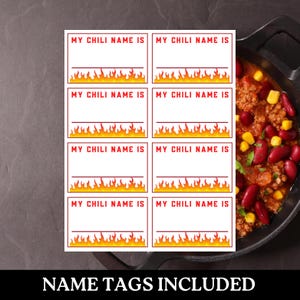 May include: Eight white name tags with red flames and the text "MY CHILI NAME IS" printed on them. The name tags are arranged in two rows of four.