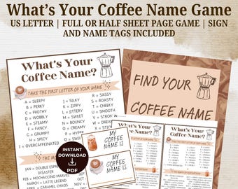 Coffee Name Game, Printable Coffee Bar Party, Coffee Name Generator, Love is Brewing Bridal Shower, A Baby is Brewing Baby Shower Games