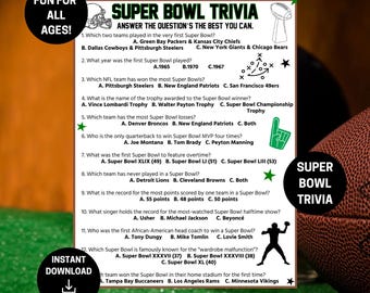 Super Bowl Trivia, Football Party Games, Super Bowl Party Games, Tailgate,  Superbowl Party, Football Quiz, Printable Football Trivia