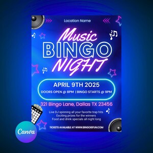Flyer för musikbingo, flygblad med inbjudan till 90-talsmusikfest, flygblad för musikbingokväll, digital nedladdning, redigerbar flygbladsmall, flygblad för vuxenfest