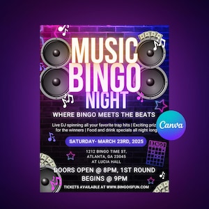 Può includere: Un poster promozionale per un evento Music Bingo Night. Il design presenta le parole "Music Bingo Night" in lettere grandi e in grassetto, con grafiche di altoparlanti e note musicali. Il poster include dettagli sull'evento come la data, l'ora e il luogo.