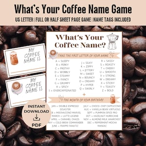 Was ist Ihr Kaffee-Namensspiel, druckbare Kaffeeparty-Spiele, lustige Coffee-Shop-Aktivität, Brautparty-Spiele, Baby-Dusche-Spiele, Büroparty