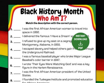Black History Month Who Am I Game, Black History Games Activity, Black History Trivia, Quiz Printable Fun Activity for Kids Adults Classroom