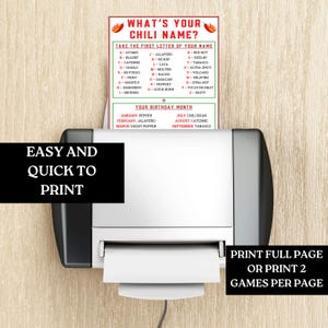 May include: Printable game card with a red chili pepper graphic and the text "What's Your Chili Name?"  The card lists different chili pepper names and their corresponding letters of the alphabet.  The card also includes a section for "Your Birthday Month" and lists the corresponding chili pepper name for each month.