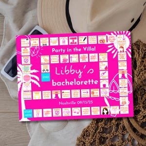 May include: A hot pink bachelorette party game board with the text "Party in the Villa!" and "Libby's bachelorette". The game includes spaces for dares, drinks, and challenges. The date "Nashville 09/13/25" is also printed on the board.