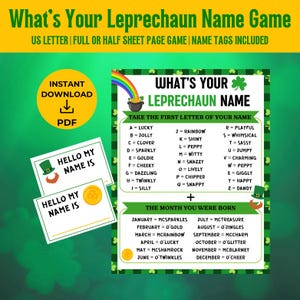 St. Patricks Day Games, What’s Your Leprechaun Name Game, Printable St Pattys Party Activity for Kids & Adults, St. Patricks Day Icebreaker