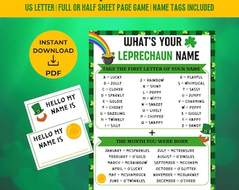 St. Patricks Day Games, What’s Your Leprechaun Name Game, Printable St Pattys Party Activity for Kids & Adults, St. Patricks Day Icebreaker