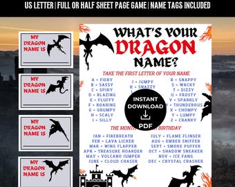 What’s Your Dragon Name Game, Dragon Printable Party Games, Kids Dragon Birthday Party, Dragon Name Generator, Dragon Theme Decor Sign