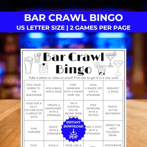 Bingo de Bar Crawl, Juegos de Bingo de Pub Crawl, Juegos de Búsqueda del Tesoro para Adultos, Juego de Despedida de Soltero, Bar Crawl de Cumpleaños, Juego de Bar Hopping, Juego de Despedida de Soltera