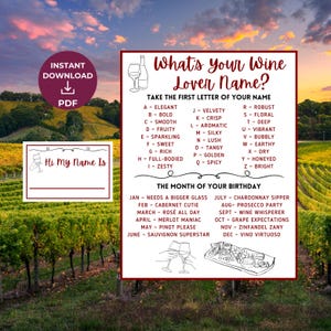 What’s Your Wine Lover Name? Wine Tasting Game, Wine and Cheese Party Activity, National Wine Day, Wine Decor Sign Vineyard Sign, Wine Lover